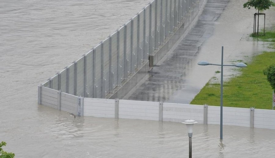 Town of Grein, Austria. Local government has set up metallic barriers to prevent floods.