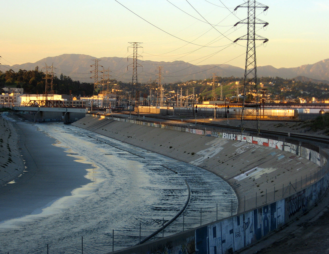 The Los Angeles River is extensively channelized with concrete embankments.