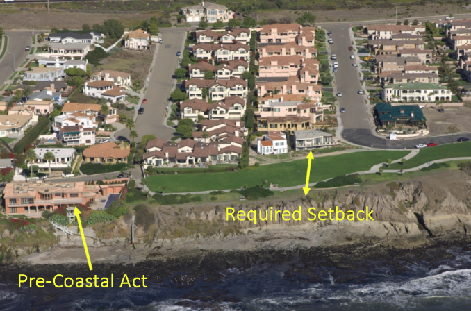 A pre-Coastal Act home and more current setback requirements along a blufftop in Pismo Beach impacted by bluff erosion. Lester C., 2014(Tim Paone and Our Land Use & Natural Resources Team)
