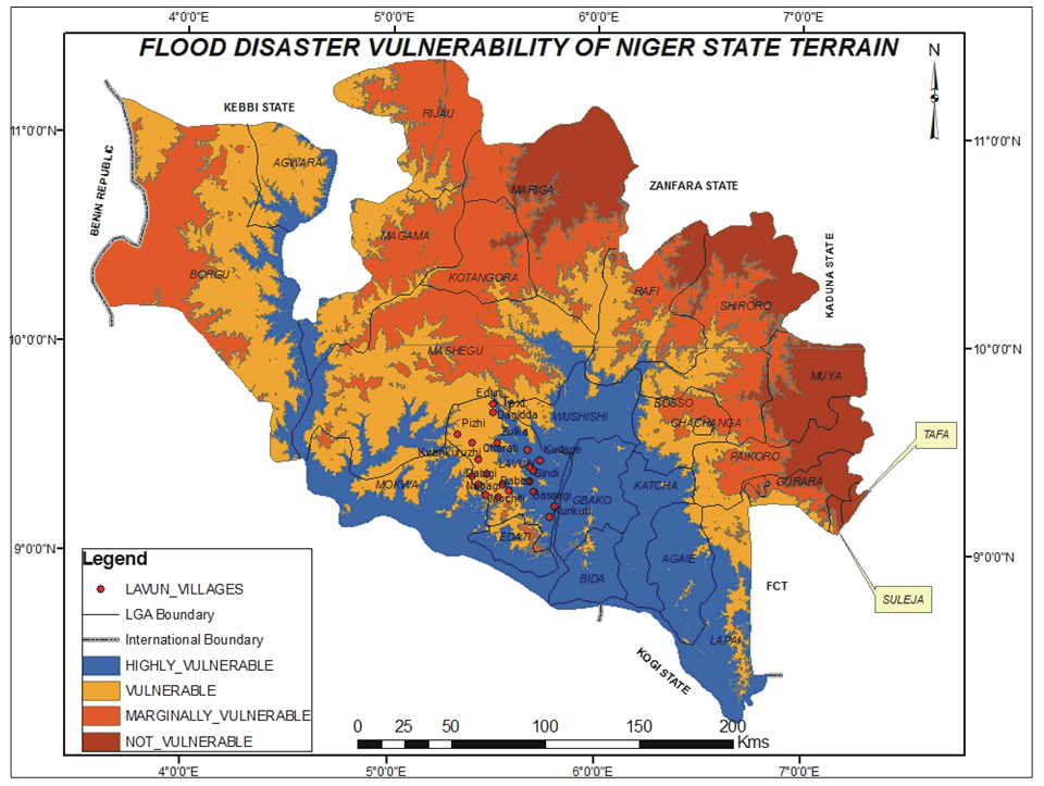 Flood disaster vulnerability of the terrain of Niger State.